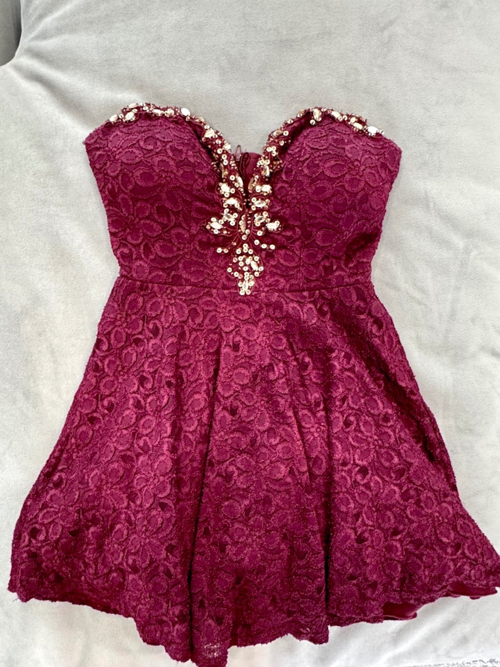 Burgundy Lace & Beaded Strapless Cocktail Dress size M